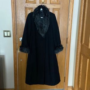 Black 100% wool long coat with fur trim on collar and sleeves